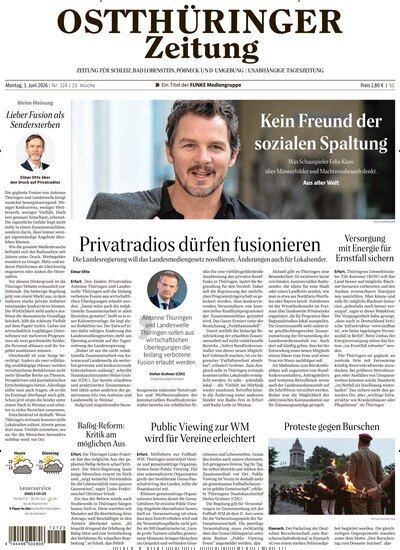 Titelbild der Ausgabe 124/2026 von Ostthüringer Zeitung Pößneck. Diese Zeitschrift und viele weitere Zeitungsabos als Abo oder epaper bei United Kiosk online kaufen.