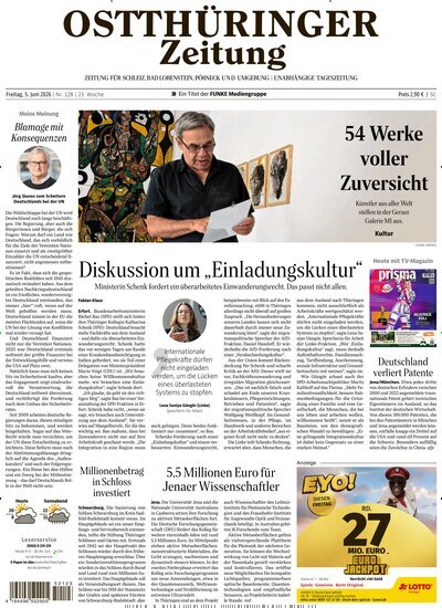 Titelbild der Ausgabe 128/2026 von Ostthüringer Zeitung Pößneck. Diese Zeitschrift und viele weitere Zeitungsabos als Abo oder epaper bei United Kiosk online kaufen.