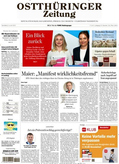 Titelbild der Ausgabe 136/2025 von Ostthüringer Zeitung Pößneck. Diese Zeitschrift und viele weitere Zeitungsabos als Abo oder epaper bei United Kiosk online kaufen.