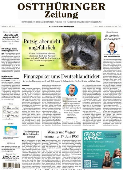 Titelbild der Ausgabe 138/2025 von Ostthüringer Zeitung Pößneck. Diese Zeitschrift und viele weitere Zeitungsabos als Abo oder epaper bei United Kiosk online kaufen.