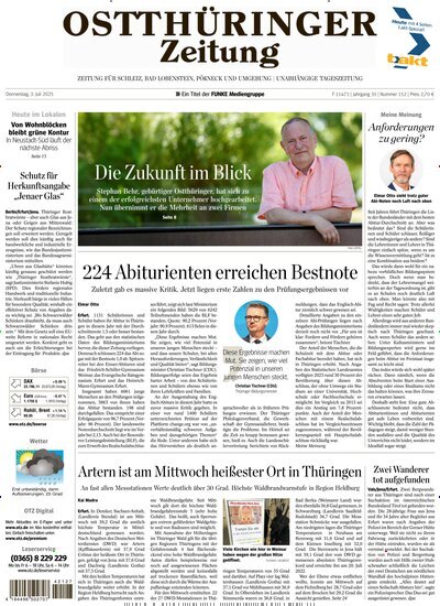 Titelbild der Ausgabe 152/2025 von Ostthüringer Zeitung Pößneck. Diese Zeitschrift und viele weitere Zeitungsabos als Abo oder epaper bei United Kiosk online kaufen.