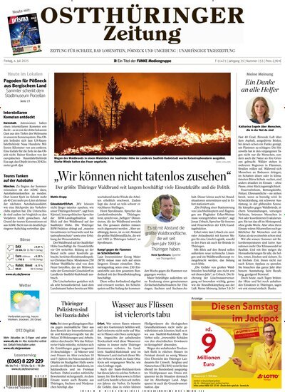 Titelbild der Ausgabe 153/2025 von Ostthüringer Zeitung Pößneck. Diese Zeitschrift und viele weitere Zeitungsabos als Abo oder epaper bei United Kiosk online kaufen.