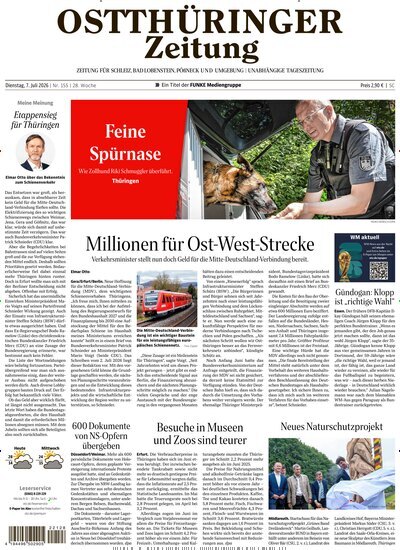 Titelbild der Ausgabe 155/2026 von Ostthüringer Zeitung Pößneck. Diese Zeitschrift und viele weitere Zeitungsabos als Abo oder epaper bei United Kiosk online kaufen.