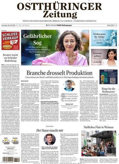 Titelbild der Ausgabe 165/2026 von Ostthüringer Zeitung Pößneck. Diese Zeitschrift und viele weitere Zeitungsabos als Abo oder epaper bei United Kiosk online kaufen.