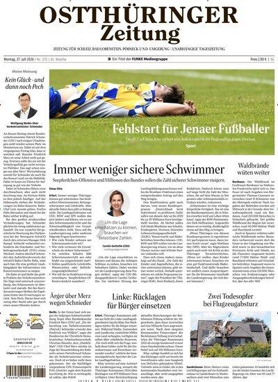 Titelbild der Ausgabe 172/2026 von Ostthüringer Zeitung Pößneck. Diese Zeitschrift und viele weitere Zeitungsabos als Abo oder epaper bei United Kiosk online kaufen.