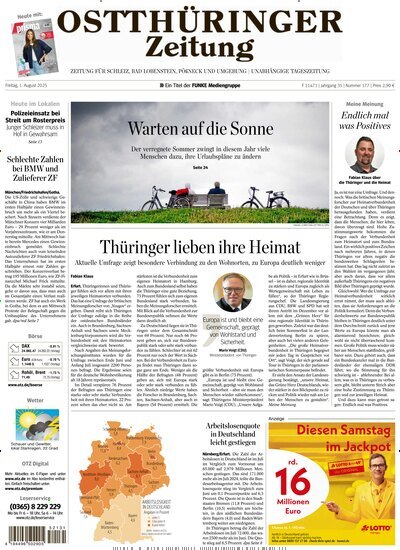 Titelbild der Ausgabe 177/2025 von Ostthüringer Zeitung Pößneck. Diese Zeitschrift und viele weitere Zeitungsabos als Abo oder epaper bei United Kiosk online kaufen.