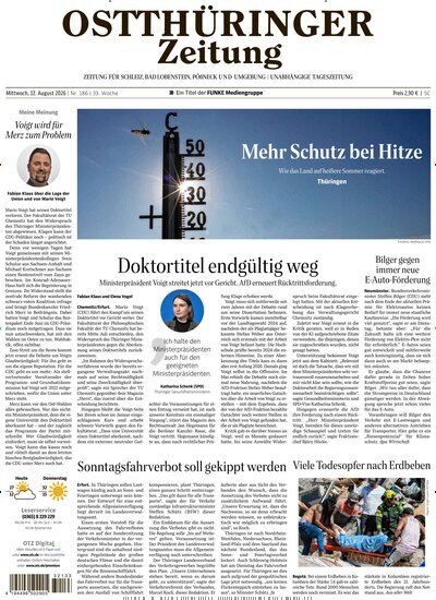 Titelbild der Ausgabe 186/2026 von Ostthüringer Zeitung Pößneck. Diese Zeitschrift und viele weitere Zeitungsabos als Abo oder epaper bei United Kiosk online kaufen.