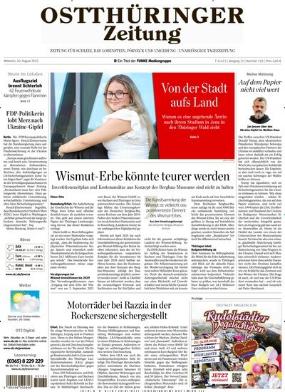 Titelbild der Ausgabe 193/2025 von Ostthüringer Zeitung Pößneck. Diese Zeitschrift und viele weitere Zeitungsabos als Abo oder epaper bei United Kiosk online kaufen.
