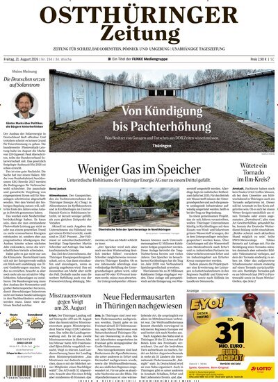 Titelbild der Ausgabe 194/2026 von Ostthüringer Zeitung Pößneck. Diese Zeitschrift und viele weitere Zeitungsabos als Abo oder epaper bei United Kiosk online kaufen.