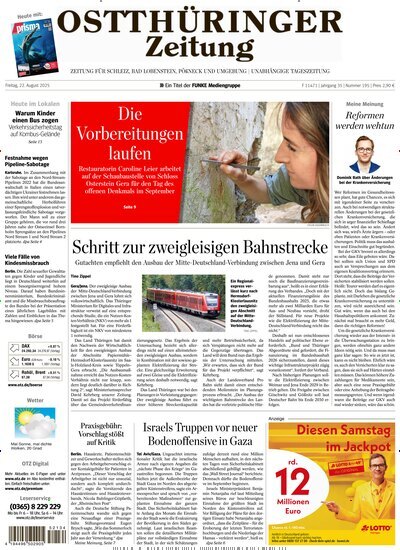 Titelbild der Ausgabe 195/2025 von Ostthüringer Zeitung Pößneck. Diese Zeitschrift und viele weitere Zeitungsabos als Abo oder epaper bei United Kiosk online kaufen.