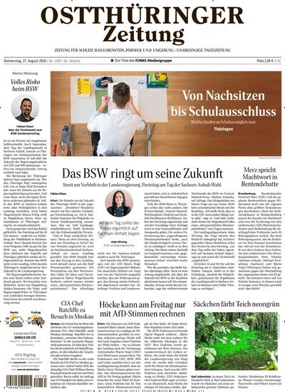 Titelbild der Ausgabe 199/2026 von Ostthüringer Zeitung Pößneck. Diese Zeitschrift und viele weitere Zeitungsabos als Abo oder epaper bei United Kiosk online kaufen.