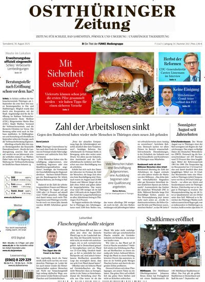 Titelbild der Ausgabe 202/2025 von Ostthüringer Zeitung Pößneck. Diese Zeitschrift und viele weitere Zeitungsabos als Abo oder epaper bei United Kiosk online kaufen.