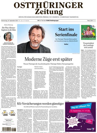 Titelbild der Ausgabe 211/2026 von Ostthüringer Zeitung Pößneck. Diese Zeitschrift und viele weitere Zeitungsabos als Abo oder epaper bei United Kiosk online kaufen.