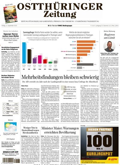 Titelbild der Ausgabe 213/2025 von Ostthüringer Zeitung Pößneck. Diese Zeitschrift und viele weitere Zeitungsabos als Abo oder epaper bei United Kiosk online kaufen.