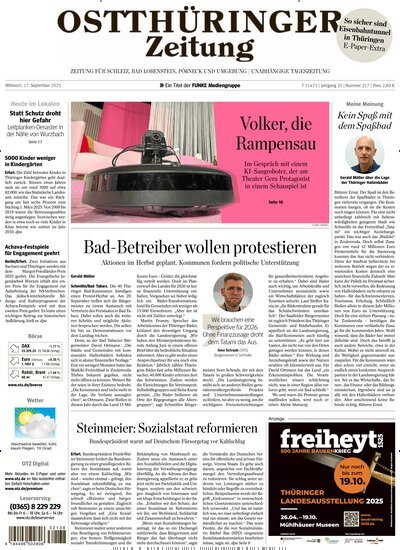 Titelbild der Ausgabe 217/2025 von Ostthüringer Zeitung Pößneck. Diese Zeitschrift und viele weitere Zeitungsabos als Abo oder epaper bei United Kiosk online kaufen.