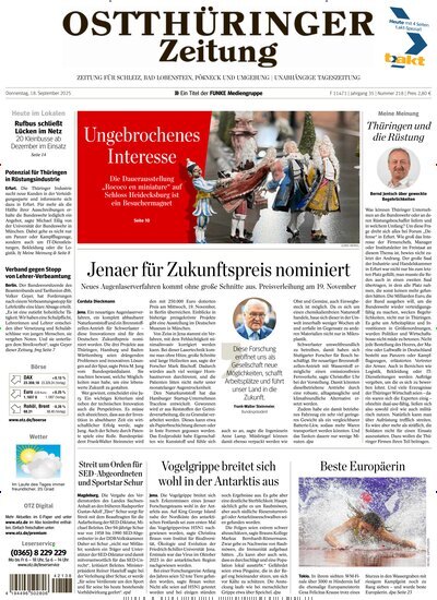 Titelbild der Ausgabe 218/2025 von Ostthüringer Zeitung Pößneck. Diese Zeitschrift und viele weitere Zeitungsabos als Abo oder epaper bei United Kiosk online kaufen.