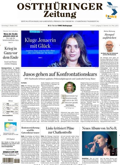 Titelbild der Ausgabe 234/2025 von Ostthüringer Zeitung Pößneck. Diese Zeitschrift und viele weitere Zeitungsabos als Abo oder epaper bei United Kiosk online kaufen.