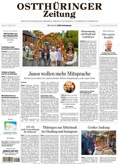 Titelbild der Ausgabe 237/2025 von Ostthüringer Zeitung Pößneck. Diese Zeitschrift und viele weitere Zeitungsabos als Abo oder epaper bei United Kiosk online kaufen.