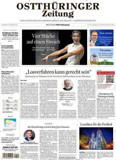 Titelbild der Ausgabe 242/2025 von Ostthüringer Zeitung Pößneck. Diese Zeitschrift und viele weitere Zeitungsabos als Abo oder epaper bei United Kiosk online kaufen.