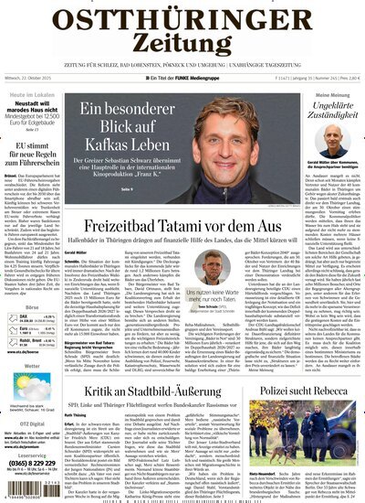 Titelbild der Ausgabe 245/2025 von Ostthüringer Zeitung Pößneck. Diese Zeitschrift und viele weitere Zeitungsabos als Abo oder epaper bei United Kiosk online kaufen.