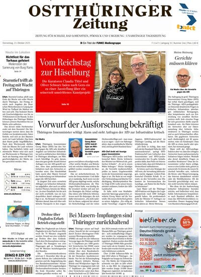 Titelbild der Ausgabe 246/2025 von Ostthüringer Zeitung Pößneck. Diese Zeitschrift und viele weitere Zeitungsabos als Abo oder epaper bei United Kiosk online kaufen.