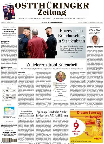 Titelbild der Ausgabe 247/2025 von Ostthüringer Zeitung Pößneck. Diese Zeitschrift und viele weitere Zeitungsabos als Abo oder epaper bei United Kiosk online kaufen.