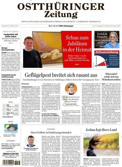 Titelbild der Ausgabe 248/2025 von Ostthüringer Zeitung Pößneck. Diese Zeitschrift und viele weitere Zeitungsabos als Abo oder epaper bei United Kiosk online kaufen.