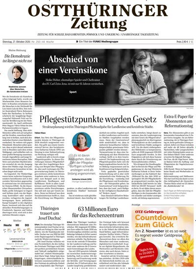 Titelbild der Ausgabe 250/2026 von Ostthüringer Zeitung Pößneck. Diese Zeitschrift und viele weitere Zeitungsabos als Abo oder epaper bei United Kiosk online kaufen.
