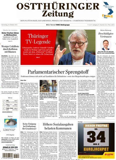 Titelbild der Ausgabe 252/2025 von Ostthüringer Zeitung Pößneck. Diese Zeitschrift und viele weitere Zeitungsabos als Abo oder epaper bei United Kiosk online kaufen.