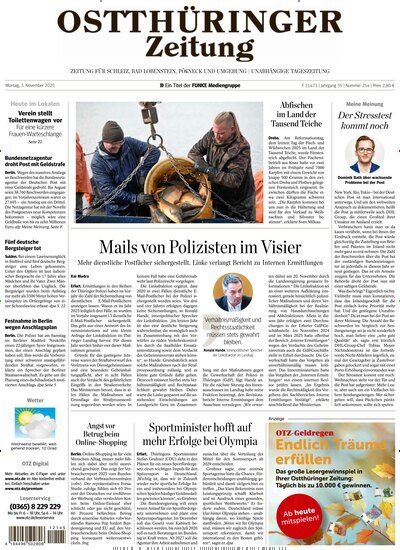 Titelbild der Ausgabe 254/2025 von Ostthüringer Zeitung Pößneck. Diese Zeitschrift und viele weitere Zeitungsabos als Abo oder epaper bei United Kiosk online kaufen.
