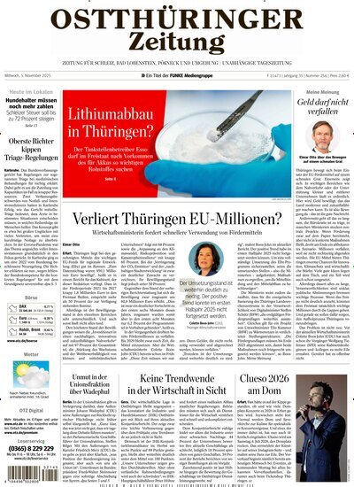 Titelbild der Ausgabe 256/2025 von Ostthüringer Zeitung Pößneck. Diese Zeitschrift und viele weitere Zeitungsabos als Abo oder epaper bei United Kiosk online kaufen.