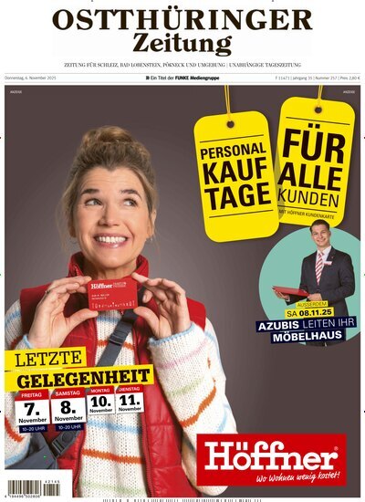 Titelbild der Ausgabe 257/2025 von Ostthüringer Zeitung Pößneck. Diese Zeitschrift und viele weitere Zeitungsabos als Abo oder epaper bei United Kiosk online kaufen.