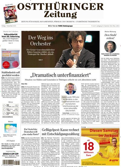 Titelbild der Ausgabe 258/2025 von Ostthüringer Zeitung Pößneck. Diese Zeitschrift und viele weitere Zeitungsabos als Abo oder epaper bei United Kiosk online kaufen.