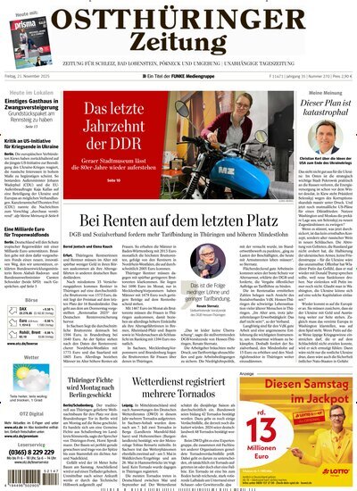 Titelbild der Ausgabe 270/2025 von Ostthüringer Zeitung Pößneck. Diese Zeitschrift und viele weitere Zeitungsabos als Abo oder epaper bei United Kiosk online kaufen.