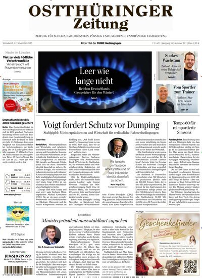 Titelbild der Ausgabe 271/2025 von Ostthüringer Zeitung Pößneck. Diese Zeitschrift und viele weitere Zeitungsabos als Abo oder epaper bei United Kiosk online kaufen.