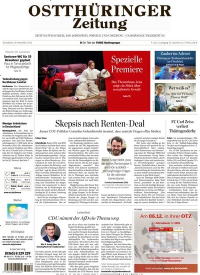 Titelbild der Ausgabe 277/2025 von Ostthüringer Zeitung Pößneck. Diese Zeitschrift und viele weitere Zeitungsabos als Abo oder epaper bei United Kiosk online kaufen.