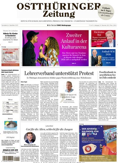 Titelbild der Ausgabe 283/2025 von Ostthüringer Zeitung Pößneck. Diese Zeitschrift und viele weitere Zeitungsabos als Abo oder epaper bei United Kiosk online kaufen.