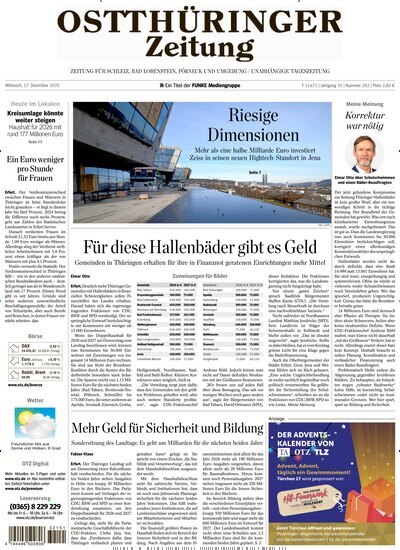 Titelbild der Ausgabe 292/2025 von Ostthüringer Zeitung Pößneck. Diese Zeitschrift und viele weitere Zeitungsabos als Abo oder epaper bei United Kiosk online kaufen.