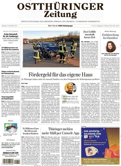 Titelbild der Ausgabe 296/2025 von Ostthüringer Zeitung Pößneck. Diese Zeitschrift und viele weitere Zeitungsabos als Abo oder epaper bei United Kiosk online kaufen.