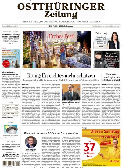 Titelbild der Ausgabe 298/2025 von Ostthüringer Zeitung Pößneck. Diese Zeitschrift und viele weitere Zeitungsabos als Abo oder epaper bei United Kiosk online kaufen.