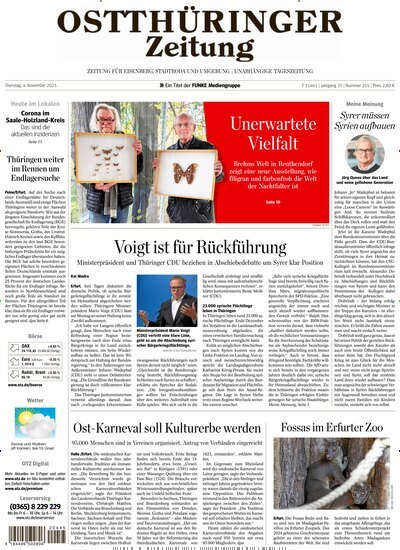 Titelbild der Ausgabe 255/2025 von Ostthüringer Zeitung Saale Holzland. Diese Zeitschrift und viele weitere Zeitungsabos als Abo oder epaper bei United Kiosk online kaufen.