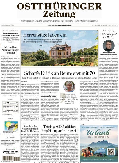Titelbild der Ausgabe 128/2025 von Ostthüringer Zeitung Schleiz Bad Lobenstein. Diese Zeitschrift und viele weitere Zeitungsabos als Abo oder epaper bei United Kiosk online kaufen.