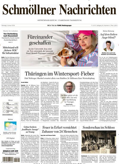 Titelbild der Ausgabe 4/2026 von Ostthüringer Zeitung Schmölln. Diese Zeitschrift und viele weitere Zeitungsabos als Abo oder epaper bei United Kiosk online kaufen.