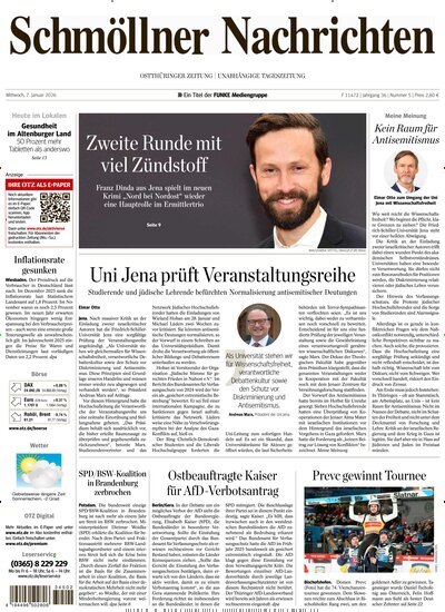 Titelbild der Ausgabe 5/2026 von Ostthüringer Zeitung Schmölln. Diese Zeitschrift und viele weitere Zeitungsabos als Abo oder epaper bei United Kiosk online kaufen.
