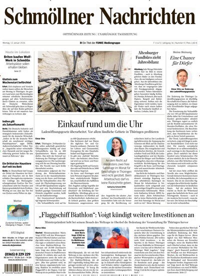 Titelbild der Ausgabe 9/2026 von Ostthüringer Zeitung Schmölln. Diese Zeitschrift und viele weitere Zeitungsabos als Abo oder epaper bei United Kiosk online kaufen.