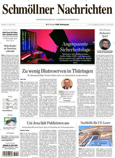 Titelbild der Ausgabe 11/2026 von Ostthüringer Zeitung Schmölln. Diese Zeitschrift und viele weitere Zeitungsabos als Abo oder epaper bei United Kiosk online kaufen.