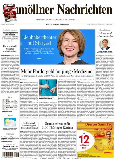 Titelbild der Ausgabe 13/2026 von Ostthüringer Zeitung Schmölln. Diese Zeitschrift und viele weitere Zeitungsabos als Abo oder epaper bei United Kiosk online kaufen.