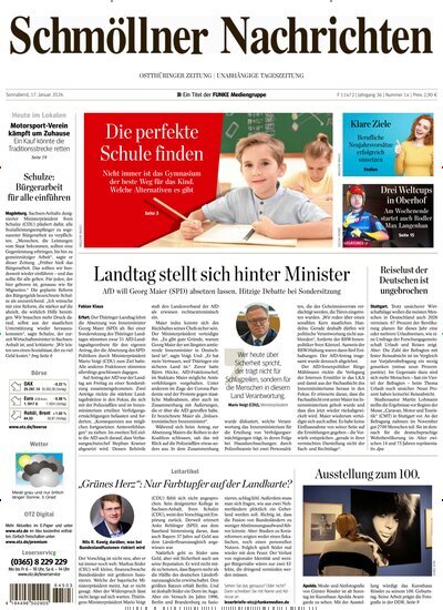 Titelbild der Ausgabe 14/2026 von Ostthüringer Zeitung Schmölln. Diese Zeitschrift und viele weitere Zeitungsabos als Abo oder epaper bei United Kiosk online kaufen.
