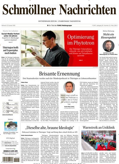 Titelbild der Ausgabe 23/2026 von Ostthüringer Zeitung Schmölln. Diese Zeitschrift und viele weitere Zeitungsabos als Abo oder epaper bei United Kiosk online kaufen.