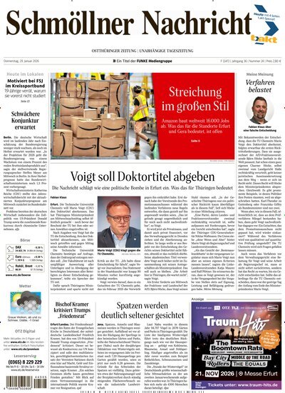 Titelbild der Ausgabe 24/2026 von Ostthüringer Zeitung Schmölln. Diese Zeitschrift und viele weitere Zeitungsabos als Abo oder epaper bei United Kiosk online kaufen.